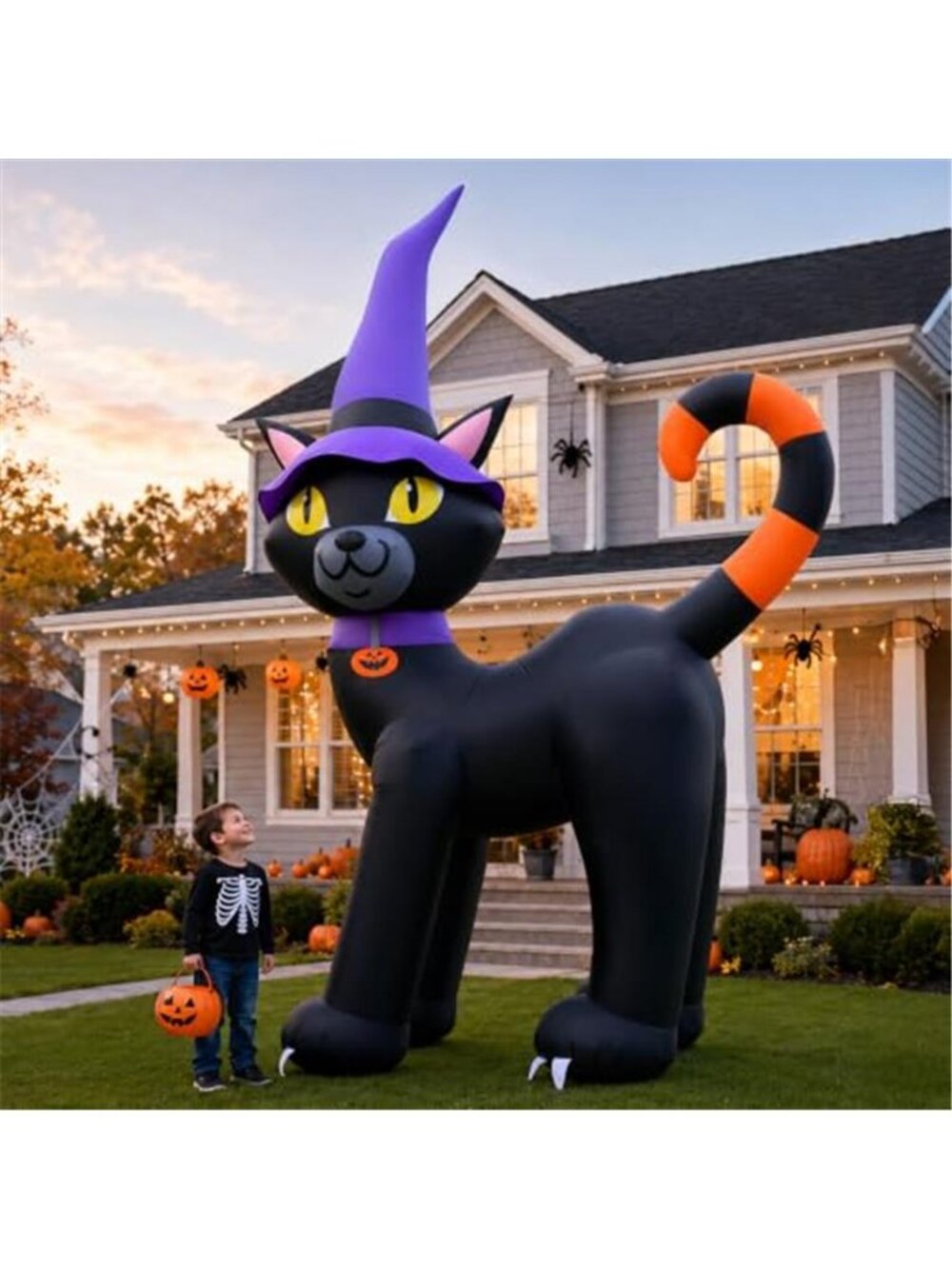 14FT Halloween Inflatable Black Cat with Witch Hat & Pumpkin Decor